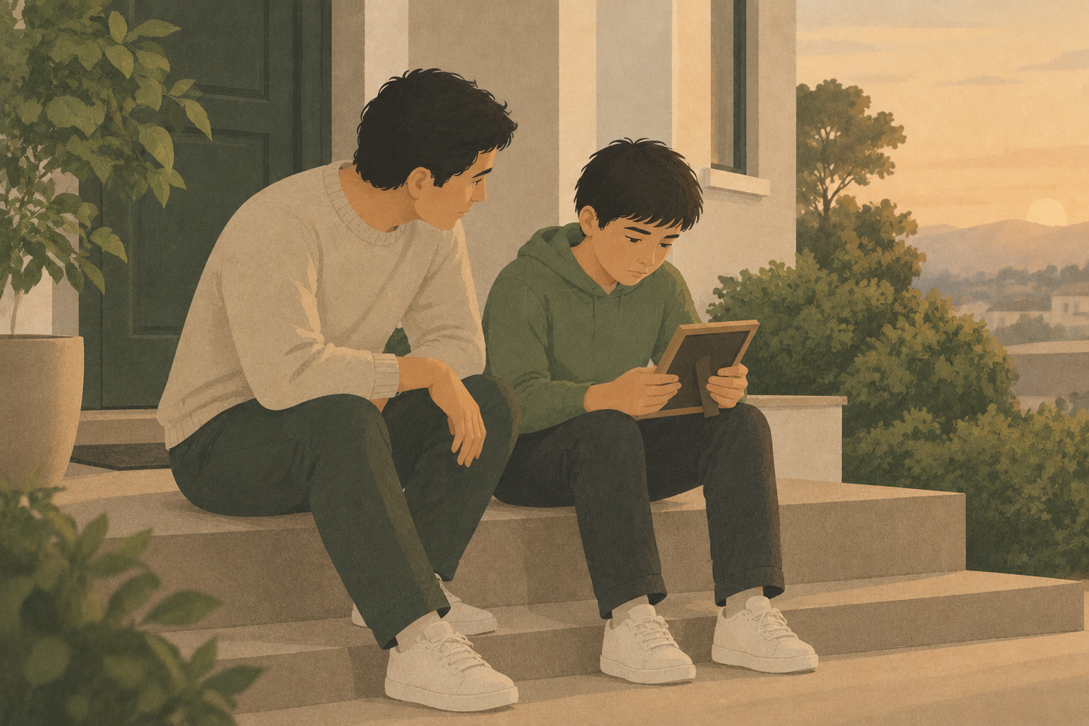 Un adulto y un niño sentados en los escalones de casa al atardecer, conversando
