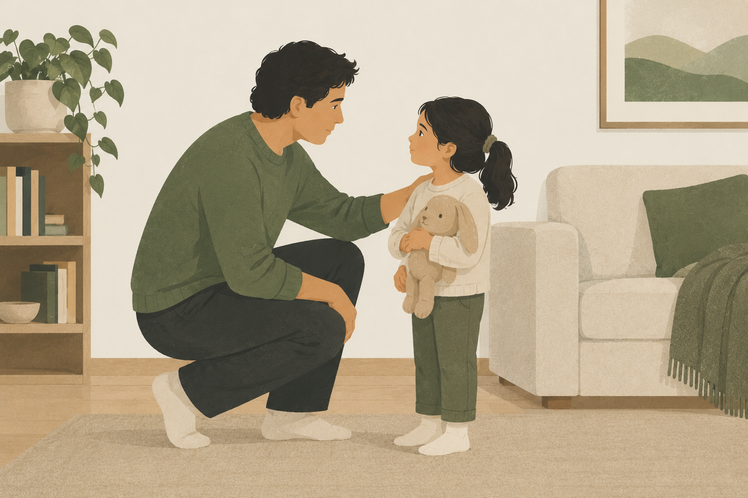 Un adulto agachado habla con una niña pequeña