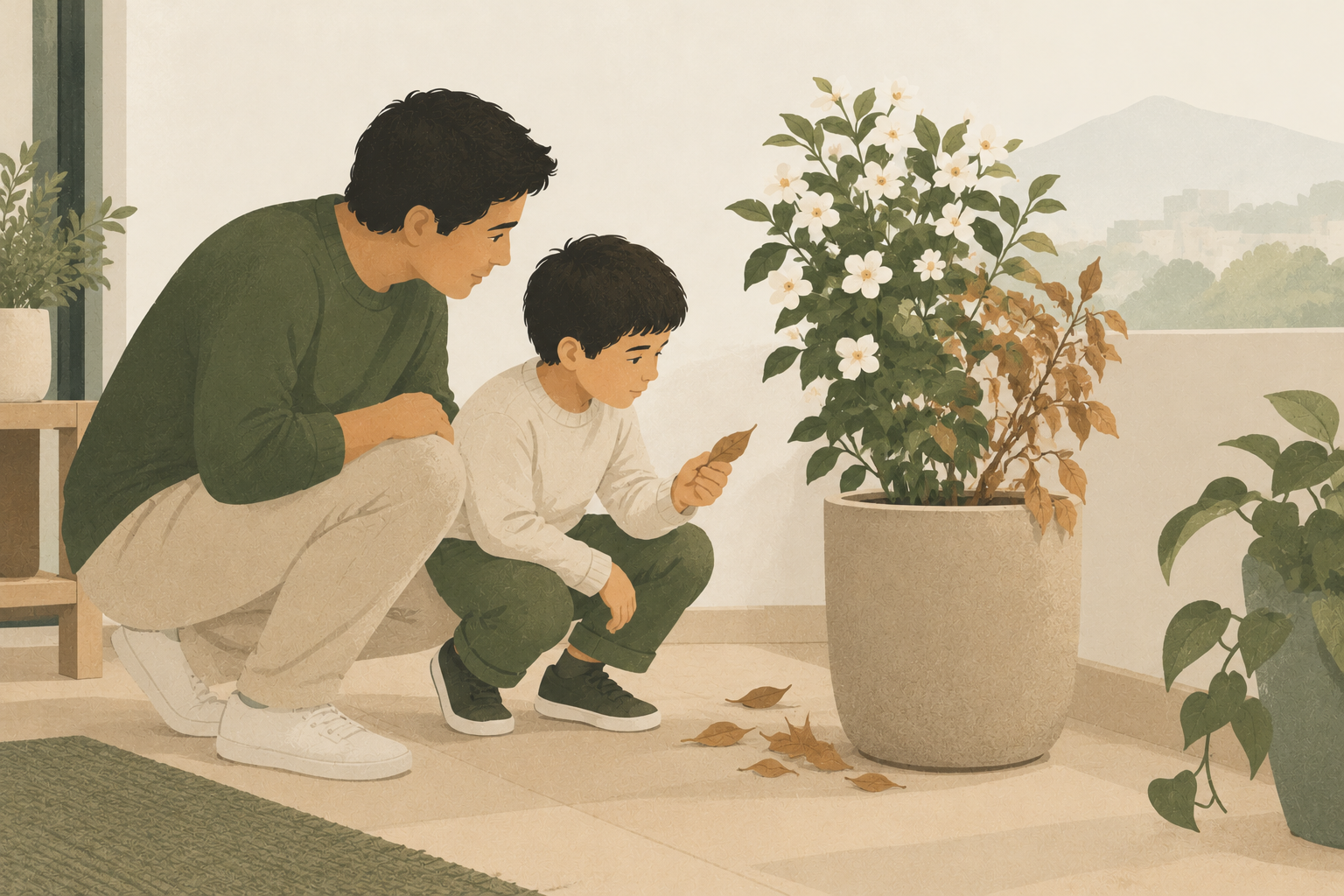 Un adulto y un niño observan una planta con hojas secas