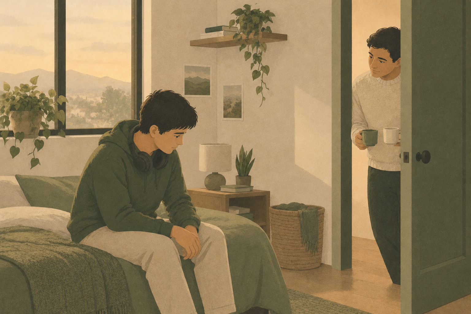 Un adulto se asoma con calma a la habitación de un adolescente