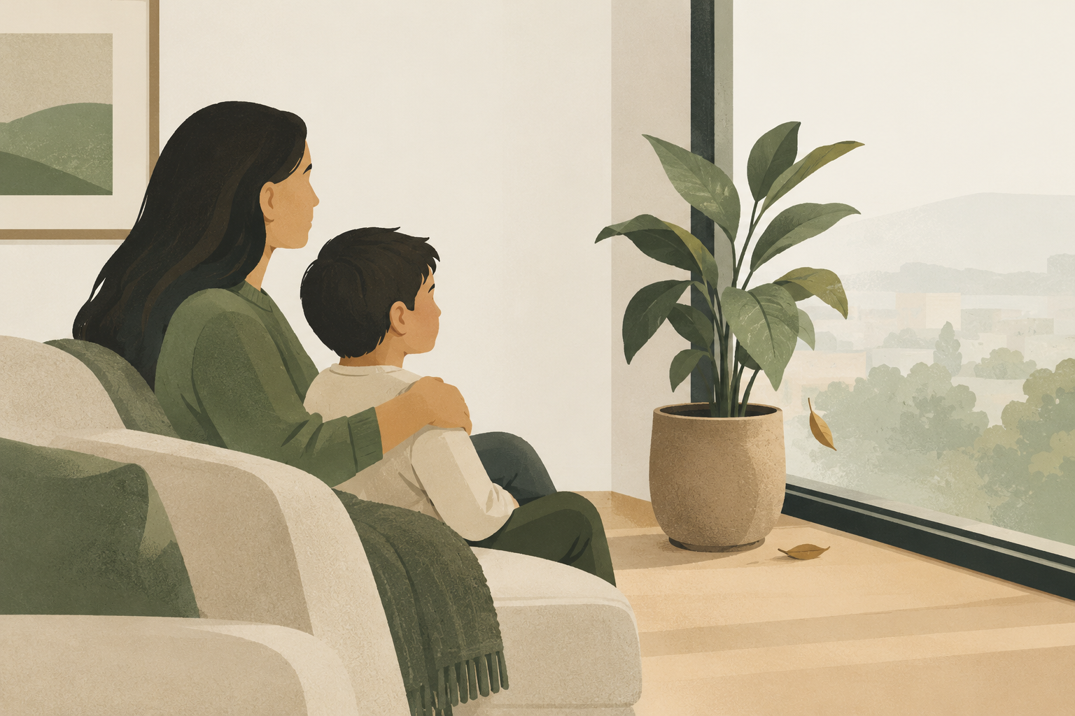 Un adulto y un niño sentados juntos mirando por una ventana